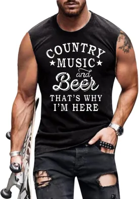 Country Music and Beer Sleeveless Shirt for Men Western Vintage Cowboy Steer Skull Tank Top