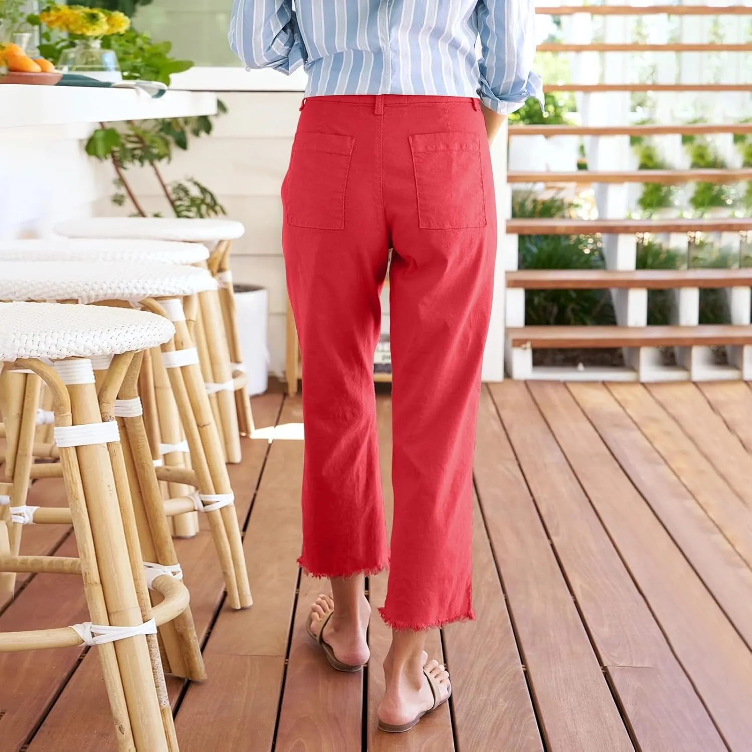 Cropped Linen Pants Women Straight Leg Pull On Work Pants Business Casual High Waisted Dress Pants Office Ankle Pants