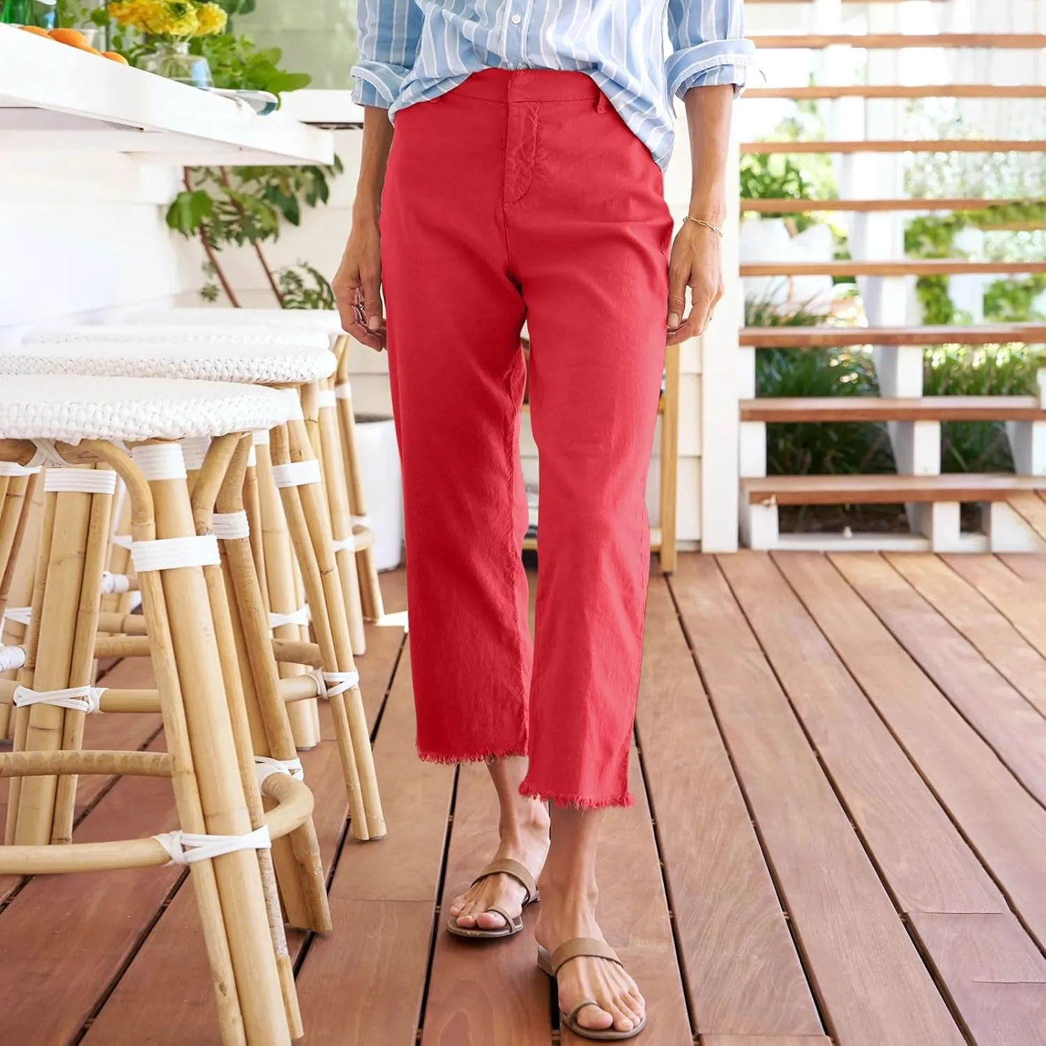 Cropped Linen Pants Women Straight Leg Pull On Work Pants Business Casual High Waisted Dress Pants Office Ankle Pants
