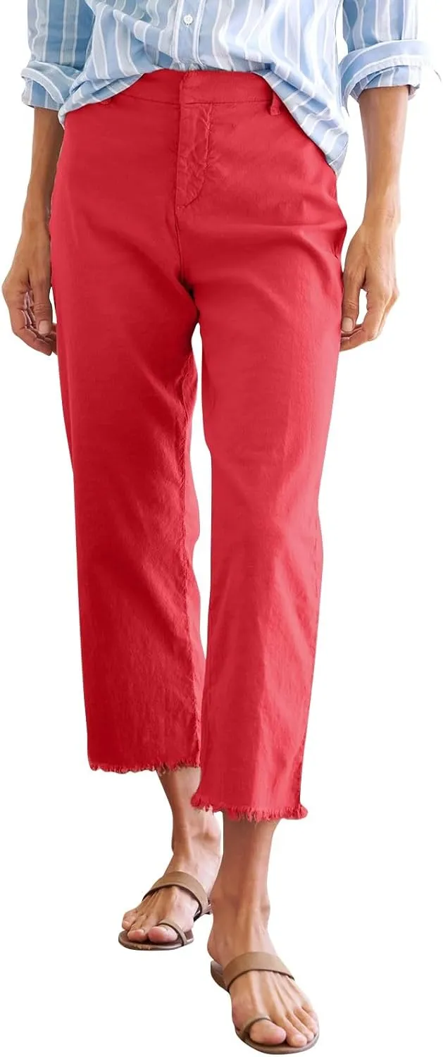 Cropped Linen Pants Women Straight Leg Pull On Work Pants Business Casual High Waisted Dress Pants Office Ankle Pants