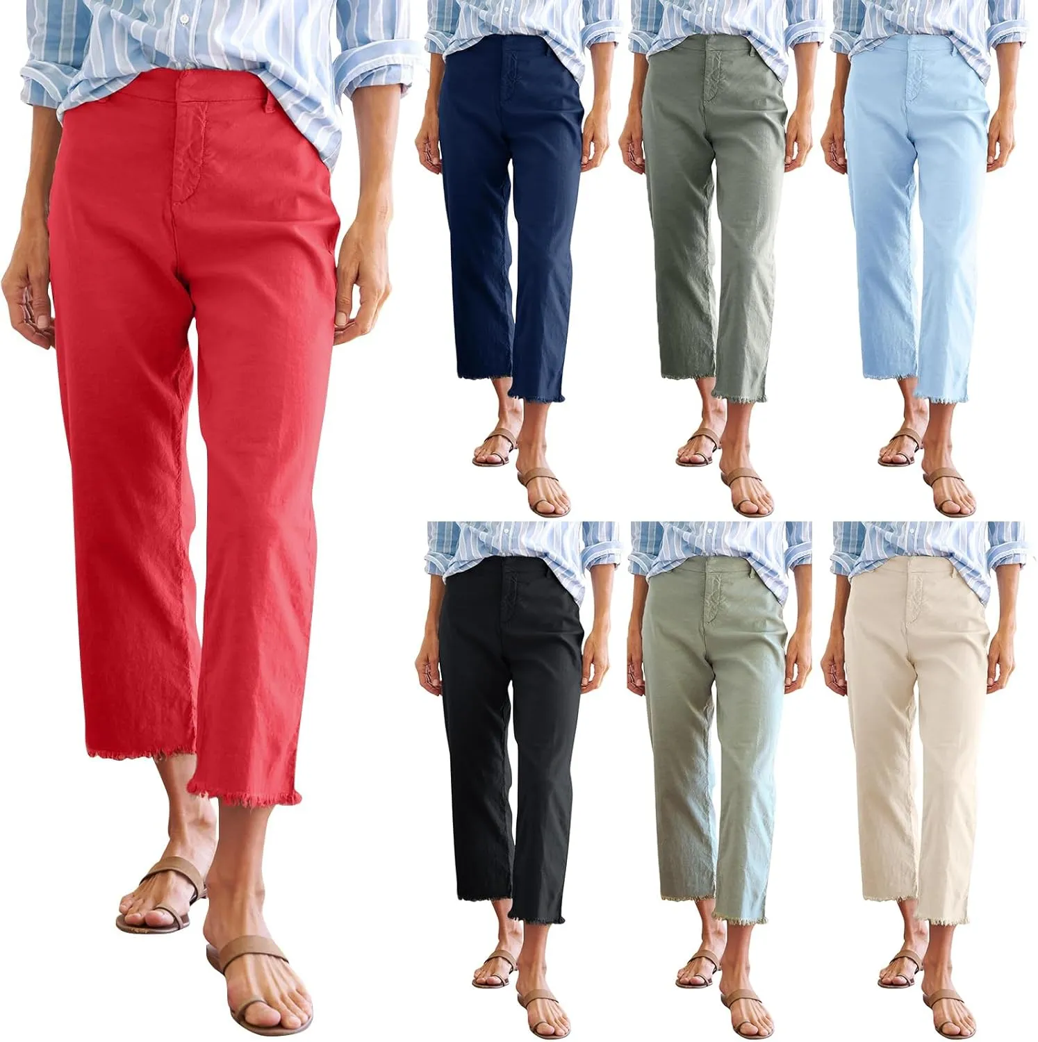 Cropped Linen Pants Women Straight Leg Pull On Work Pants Business Casual High Waisted Dress Pants Office Ankle Pants