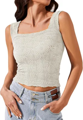 Cropped Tank Tops for Women Square Neck Wide Straps Crop Tank Tops Backless Lettuce Trim Slim Fit Cami Tank Tops