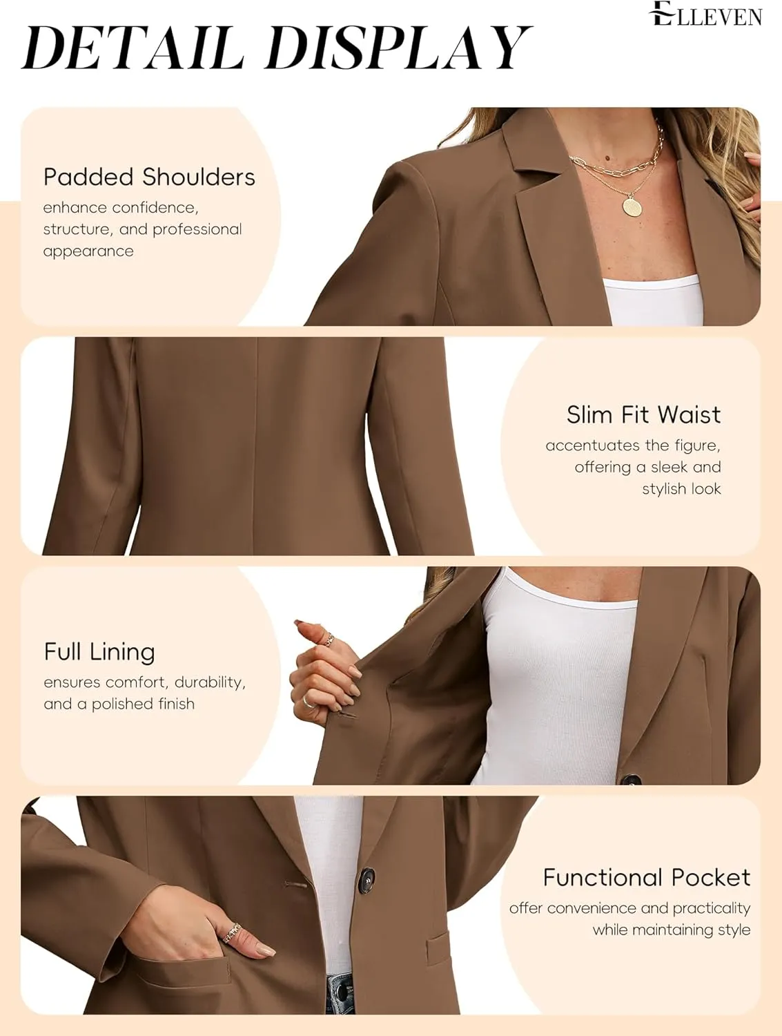 ELLEVEN Women's Blazer Business Casual Lightweight Suit - Long Sleeve Slim Fit Work Office Jacket with Pockets