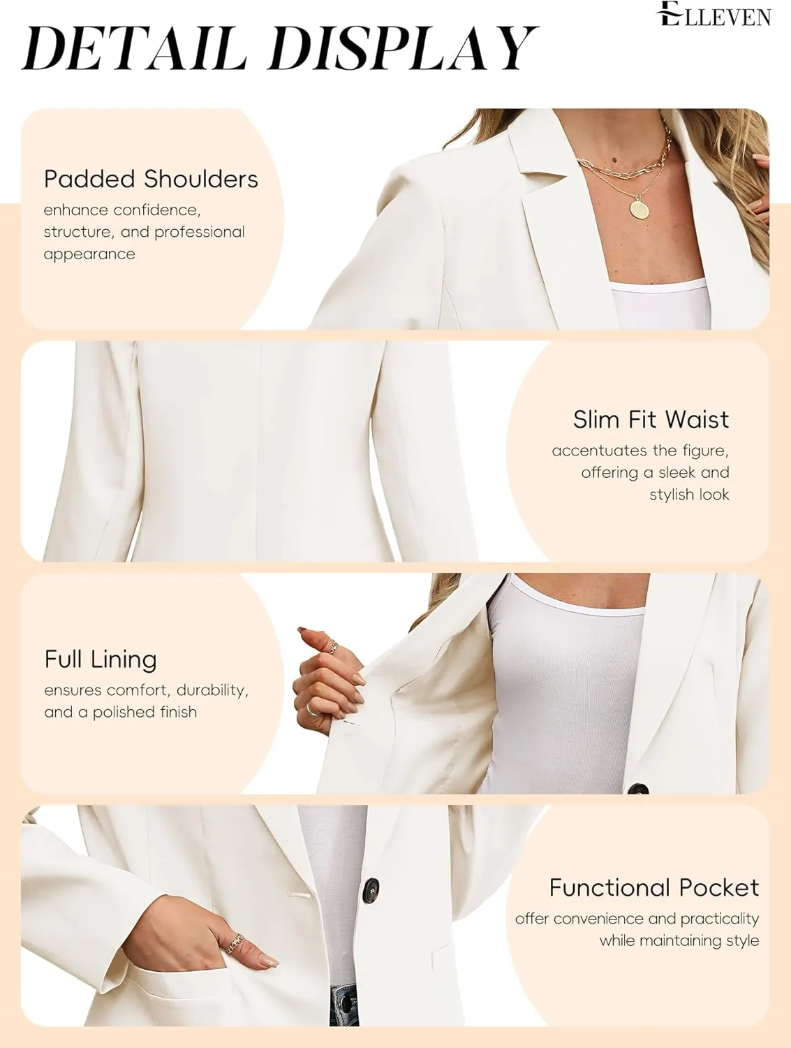 ELLEVEN Women's Blazer Business Casual Lightweight Suit - Long Sleeve Slim Fit Work Office Jacket with Pockets