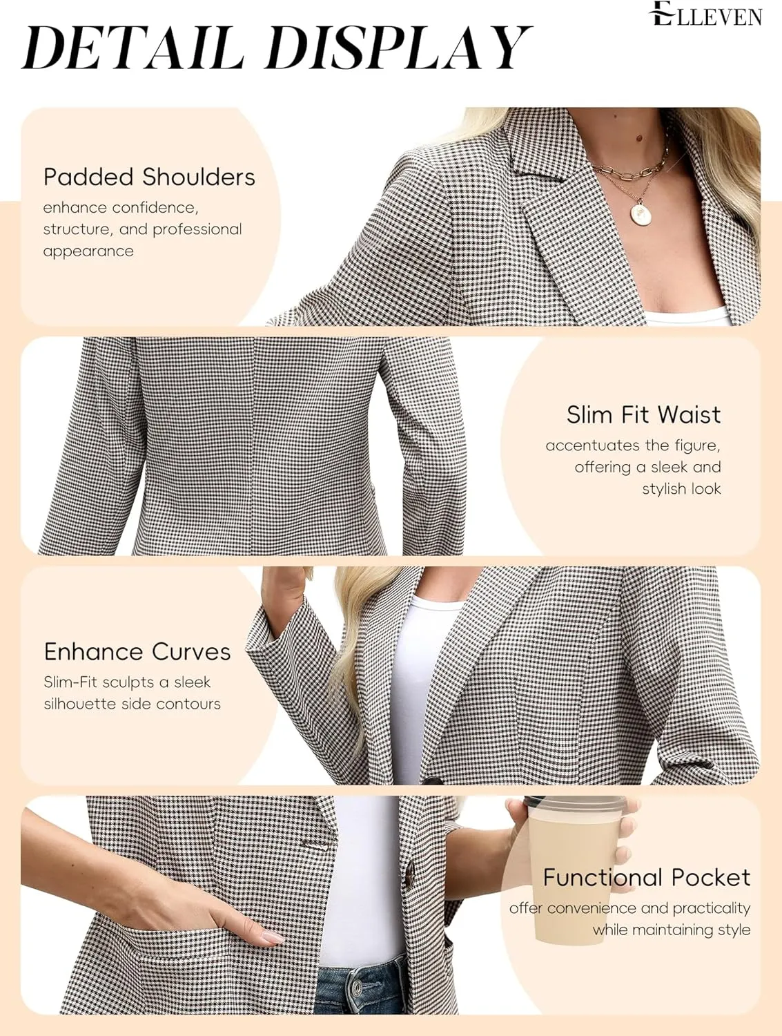 ELLEVEN Women's Blazer Business Casual Lightweight Suit - Long Sleeve Slim Fit Work Office Jacket with Pockets