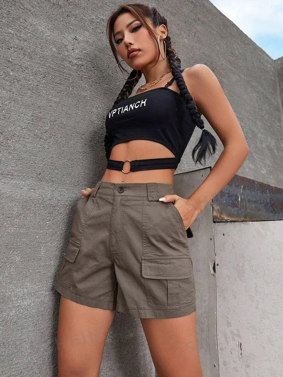 EMMIOL Cargo Shorts for Women 2024 Casual Summer Elastic High Waisted Button Up Comfy Cotton Hiking Shorts with Pockets
