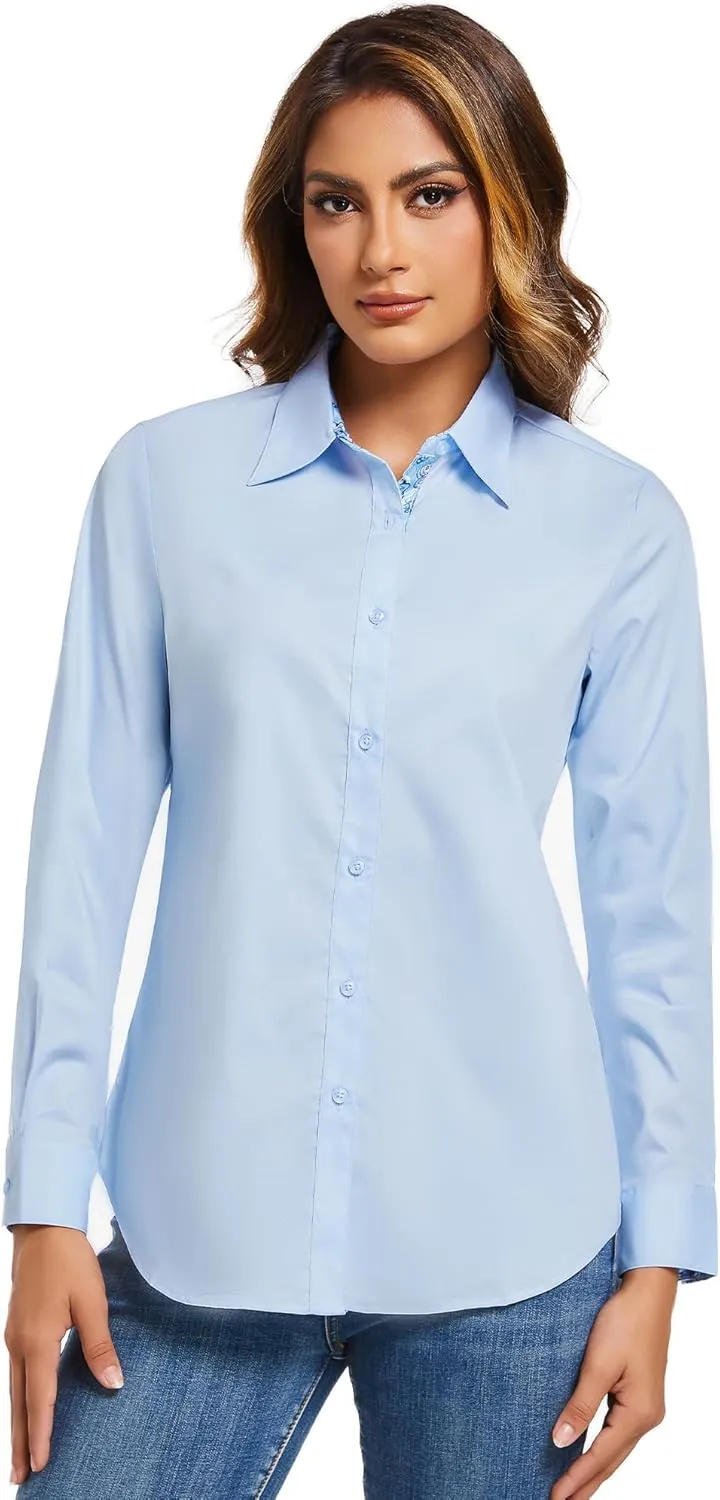 Esabel.C Womens Dress Shirts Cotton Long Sleeve Regular Fit Stretch Button Down Blouse