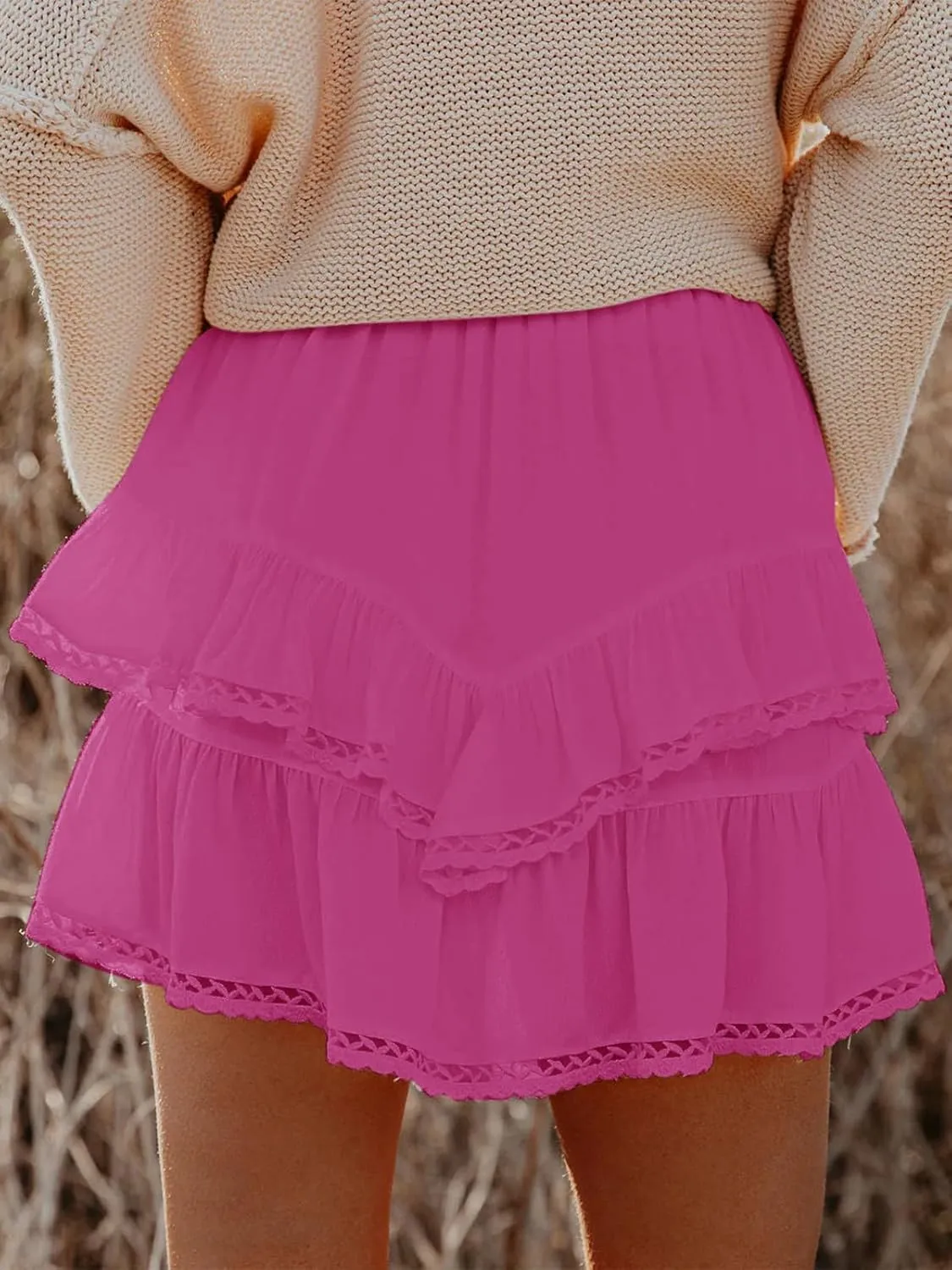 Flowy Shorts for Women Casual Boho Ruffle Tiered Skorts High Waist Mini Skirts Golf Tennis Crochet Shorts