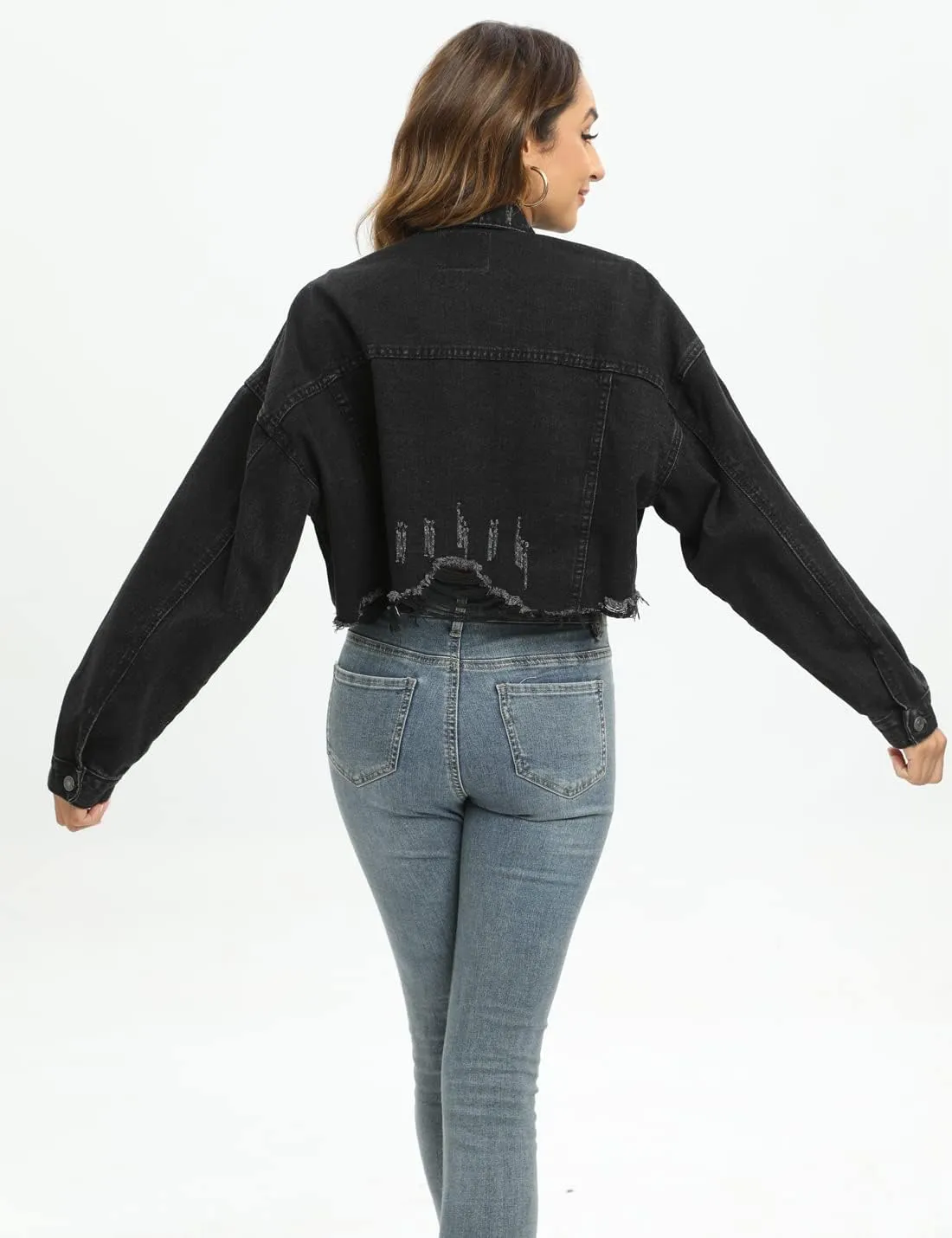 Gacaky Womens Casual Solid Color Ripped Distressed Cropped Denim Jean Jacket Coat With Frayed Hem