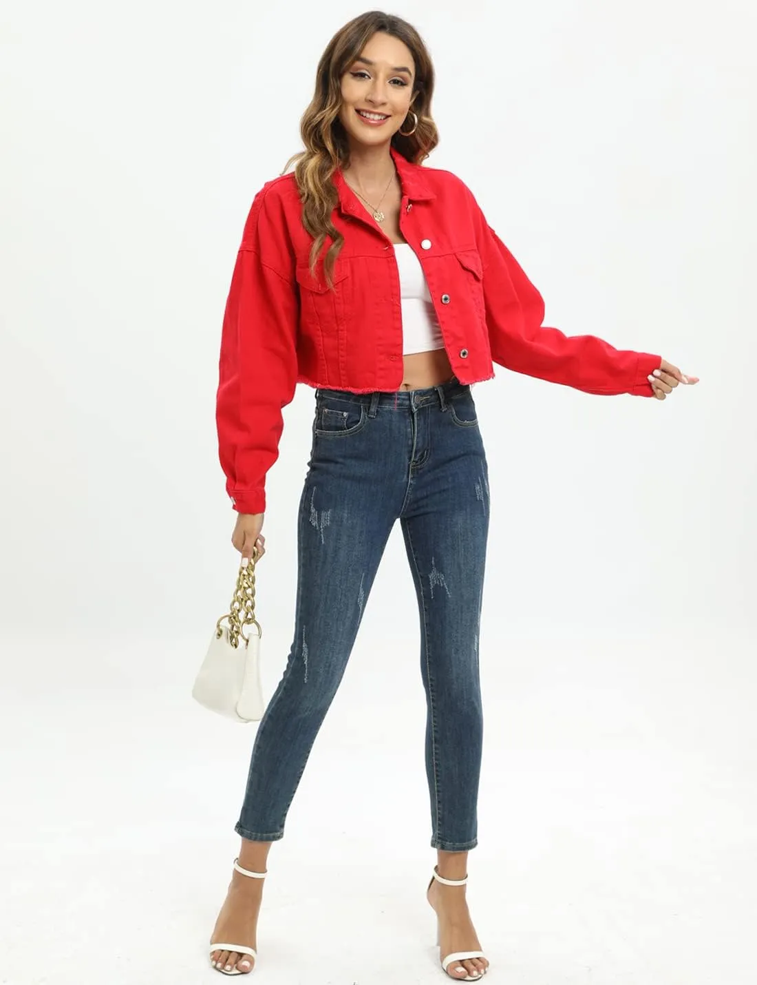 Gacaky Womens Casual Solid Color Ripped Distressed Cropped Denim Jean Jacket Coat With Frayed Hem