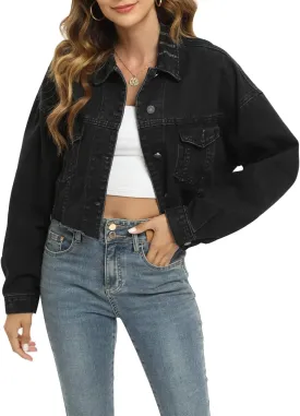 Gacaky Womens Casual Solid Color Ripped Distressed Cropped Denim Jean Jacket Coat With Frayed Hem