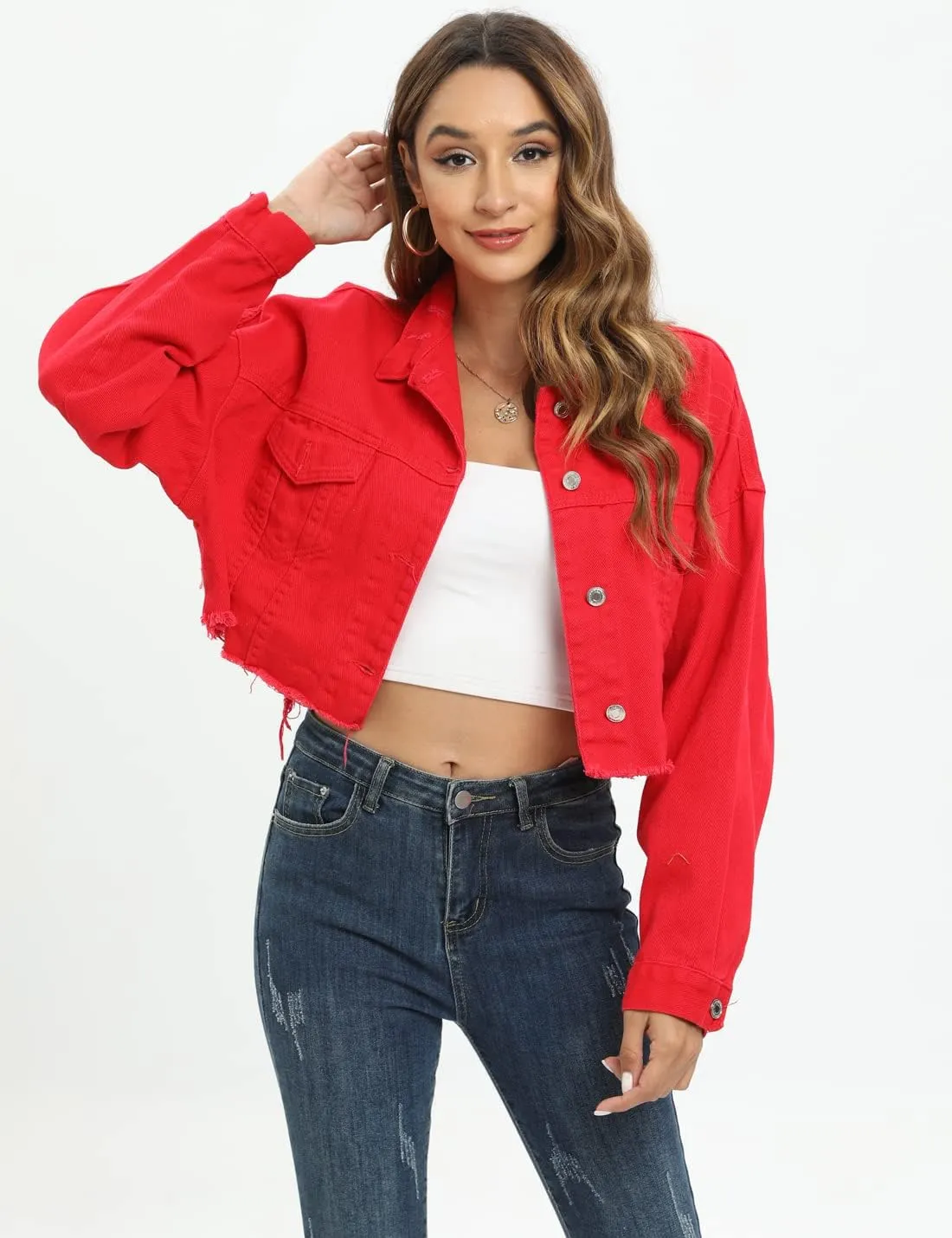Gacaky Womens Casual Solid Color Ripped Distressed Cropped Denim Jean Jacket Coat With Frayed Hem