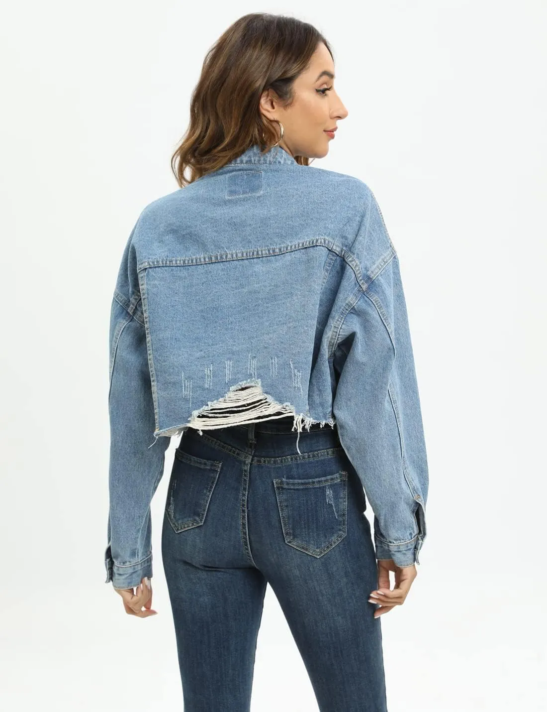 Gacaky Womens Casual Solid Color Ripped Distressed Cropped Denim Jean Jacket Coat With Frayed Hem