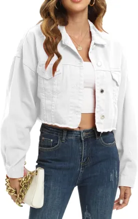 Gacaky Womens Casual Solid Color Ripped Distressed Cropped Denim Jean Jacket Coat With Frayed Hem