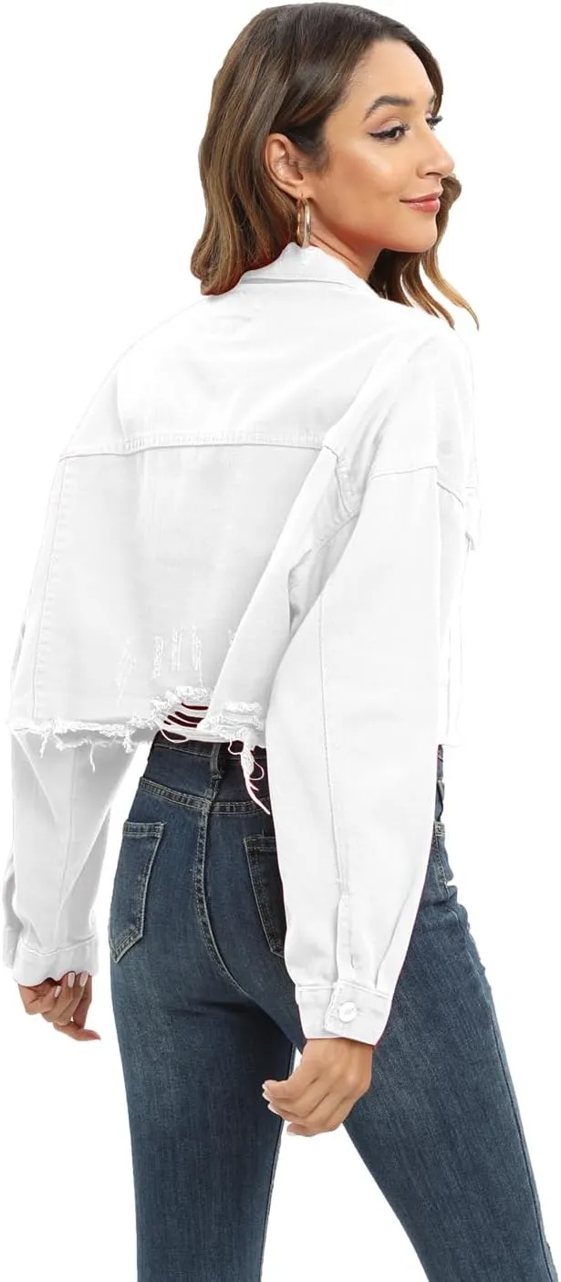 Gacaky Womens Casual Solid Color Ripped Distressed Cropped Denim Jean Jacket Coat With Frayed Hem