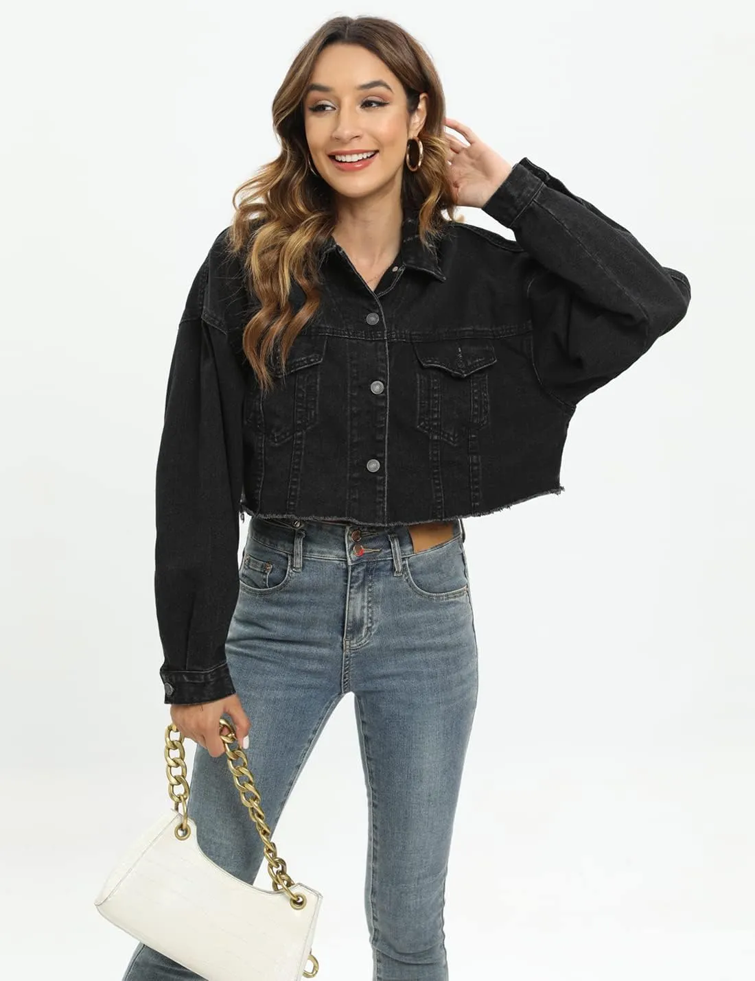 Gacaky Womens Casual Solid Color Ripped Distressed Cropped Denim Jean Jacket Coat With Frayed Hem