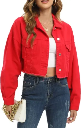 Gacaky Womens Casual Solid Color Ripped Distressed Cropped Denim Jean Jacket Coat With Frayed Hem