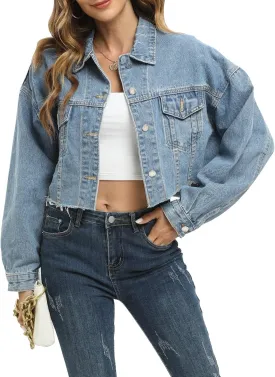 Gacaky Womens Casual Solid Color Ripped Distressed Cropped Denim Jean Jacket Coat With Frayed Hem
