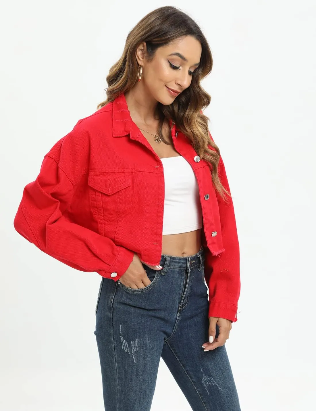 Gacaky Womens Casual Solid Color Ripped Distressed Cropped Denim Jean Jacket Coat With Frayed Hem