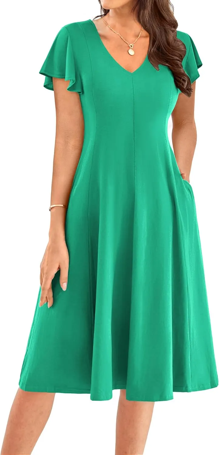 GRACE KARIN Women's Summer Wedding Guest Dresses 2025 Soft Knit Flutter Sleeve Casual Formal Swing Dress with Pocket
