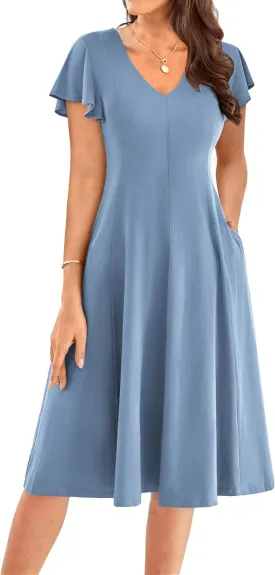 GRACE KARIN Women's Summer Wedding Guest Dresses 2025 Soft Knit Flutter Sleeve Casual Formal Swing Dress with Pocket
