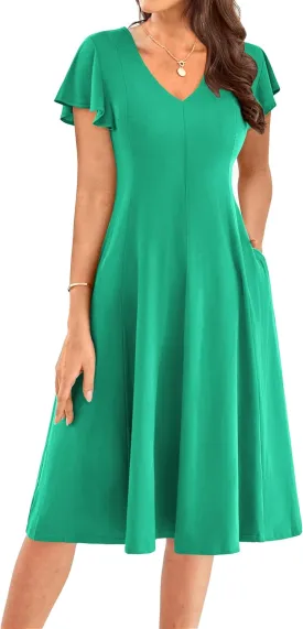 GRACE KARIN Women's Summer Wedding Guest Dresses 2025 Soft Knit Flutter Sleeve Casual Formal Swing Dress with Pocket