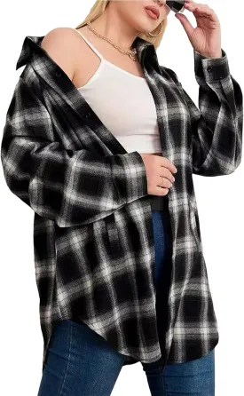 HangNiFang Womens Flannel Plaid Shirts Oversized Button Down Shirts Blouse Tops