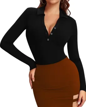 HERLOLLYCHIPS Womens Long Sleeve Short Sleeve Collared Polo Tops V Neck Button Down Fitted Shirts