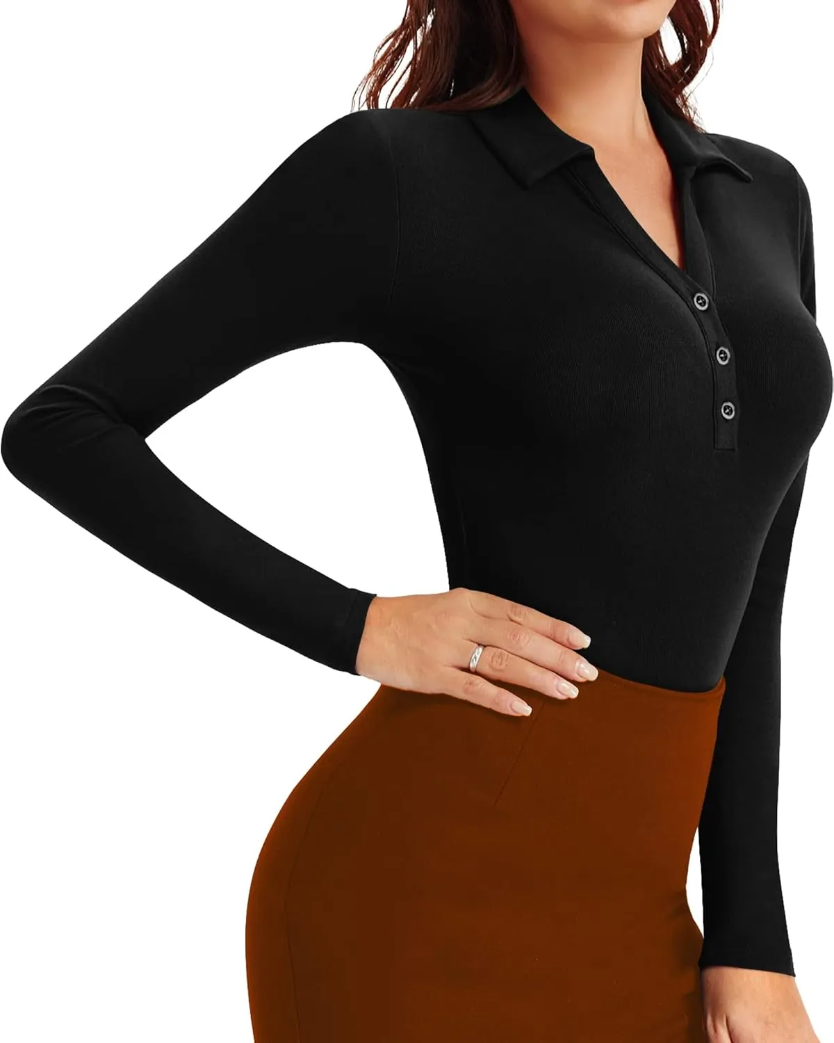 HERLOLLYCHIPS Womens Long Sleeve Short Sleeve Collared Polo Tops V Neck Button Down Fitted Shirts