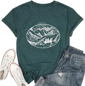 Hiking Mountain Tank Tops for Women Funny Pine Tree Sunrise Graphic Workout Tanks Summer Sleeveless Loose Fit Shirts Tops