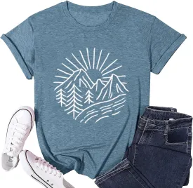 Hiking Mountain Tank Tops for Women Funny Pine Tree Sunrise Graphic Workout Tanks Summer Sleeveless Loose Fit Shirts Tops