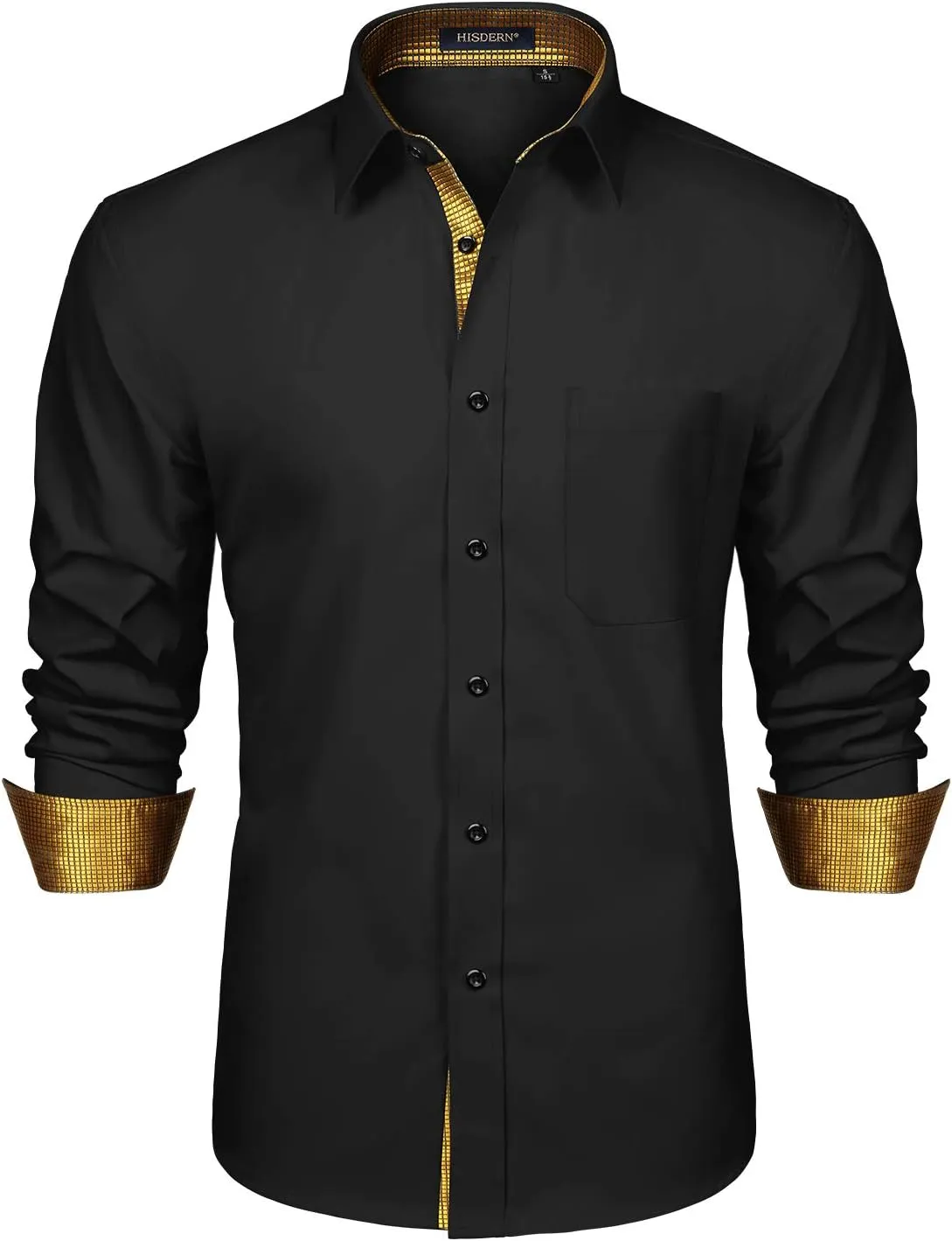 HISDERN Mens Business Dress Shirts Long Sleeve Casual Button Down Shirt Formal Inner Collar Contrast Shirt for Men Wedding