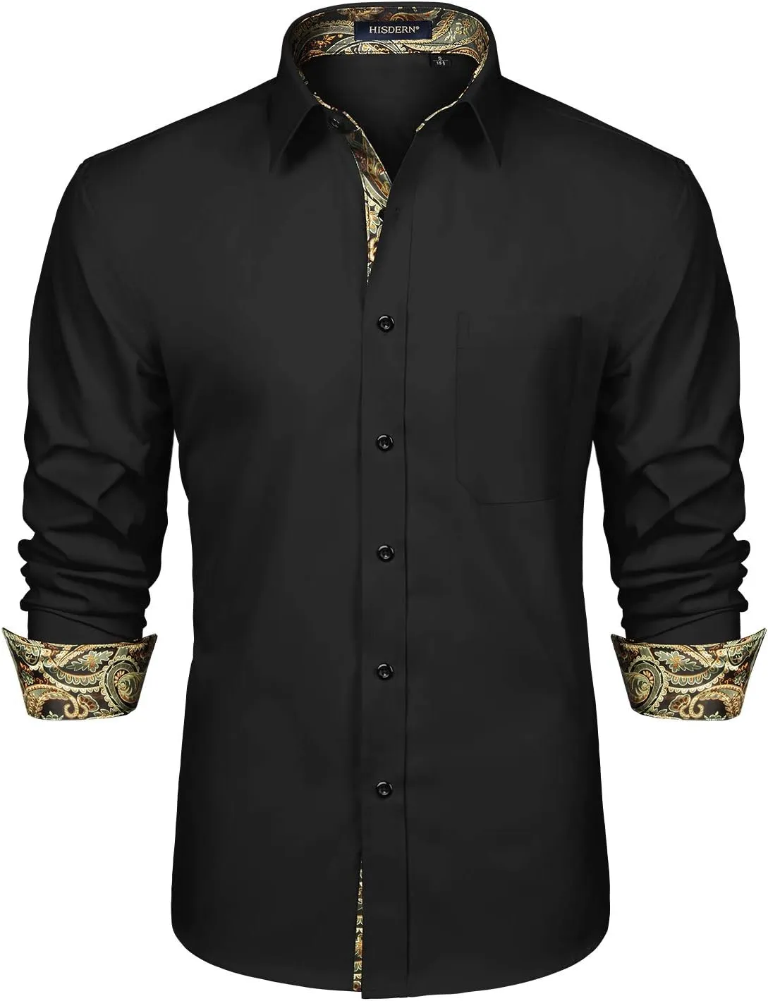 HISDERN Mens Business Dress Shirts Long Sleeve Casual Button Down Shirt Formal Inner Collar Contrast Shirt for Men Wedding
