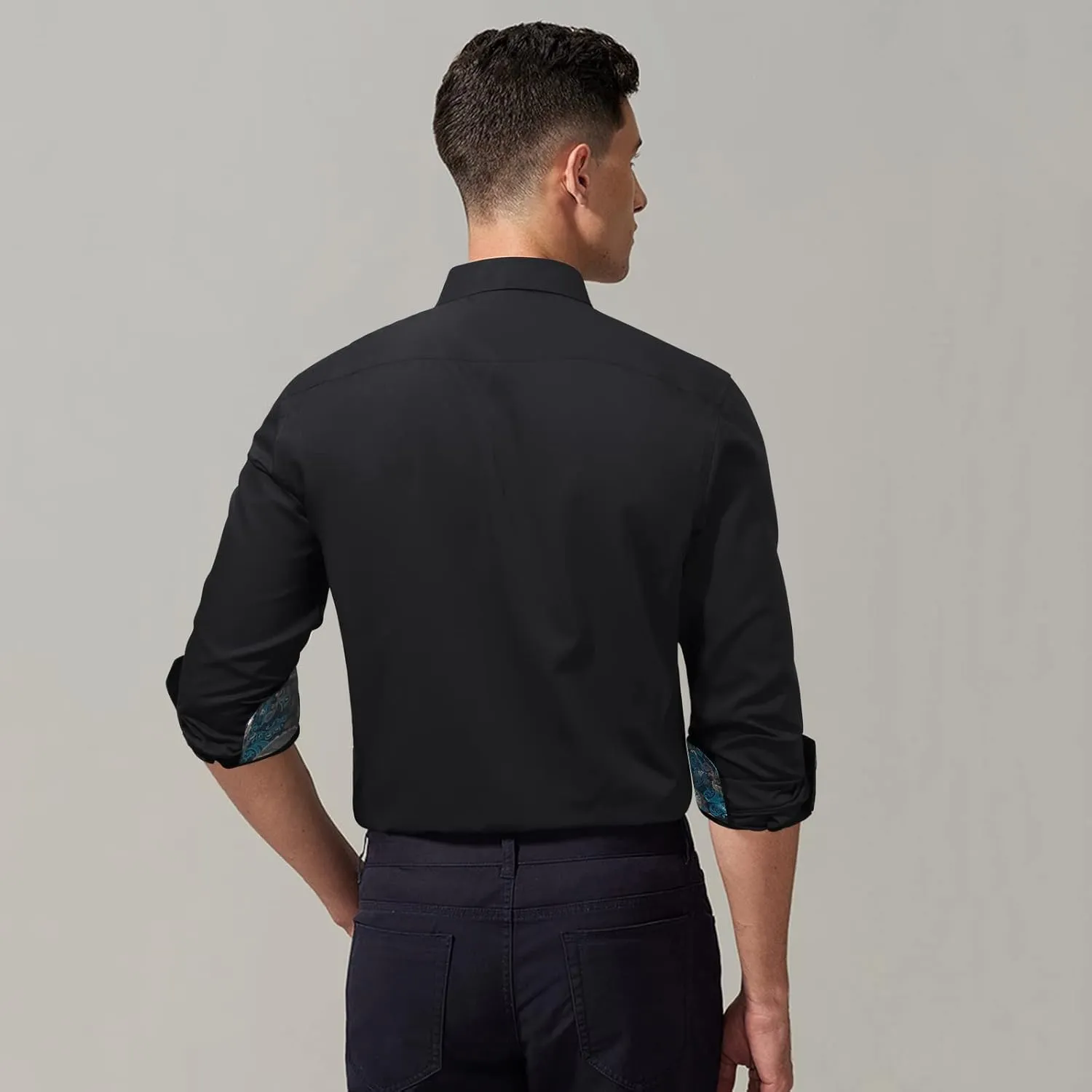 HISDERN Mens Business Dress Shirts Long Sleeve Casual Button Down Shirt Formal Inner Collar Contrast Shirt for Men Wedding