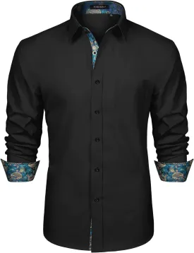 HISDERN Mens Business Dress Shirts Long Sleeve Casual Button Down Shirt Formal Inner Collar Contrast Shirt for Men Wedding