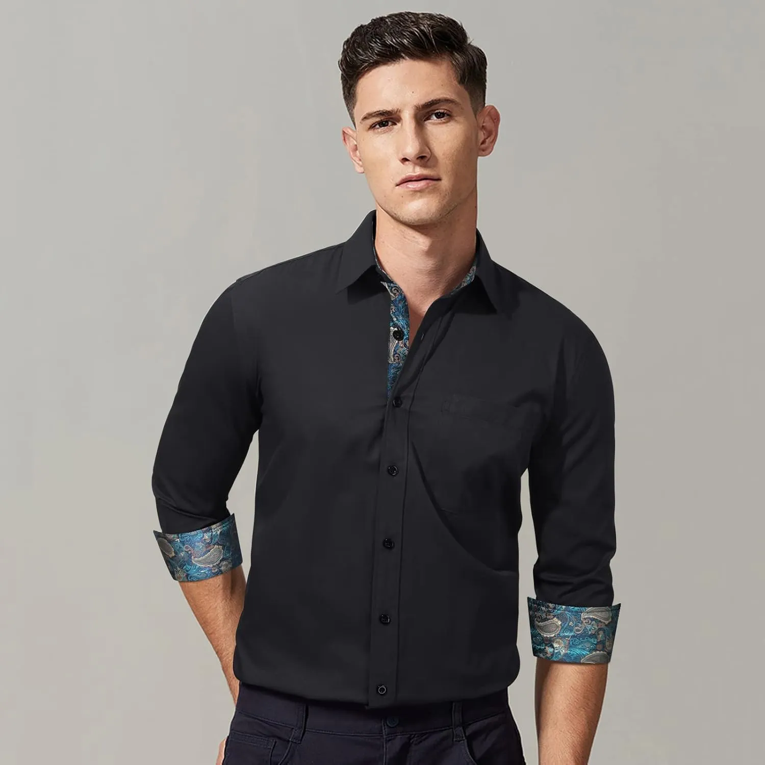 HISDERN Mens Business Dress Shirts Long Sleeve Casual Button Down Shirt Formal Inner Collar Contrast Shirt for Men Wedding