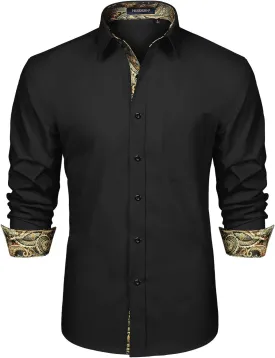 HISDERN Mens Business Dress Shirts Long Sleeve Casual Button Down Shirt Formal Inner Collar Contrast Shirt for Men Wedding