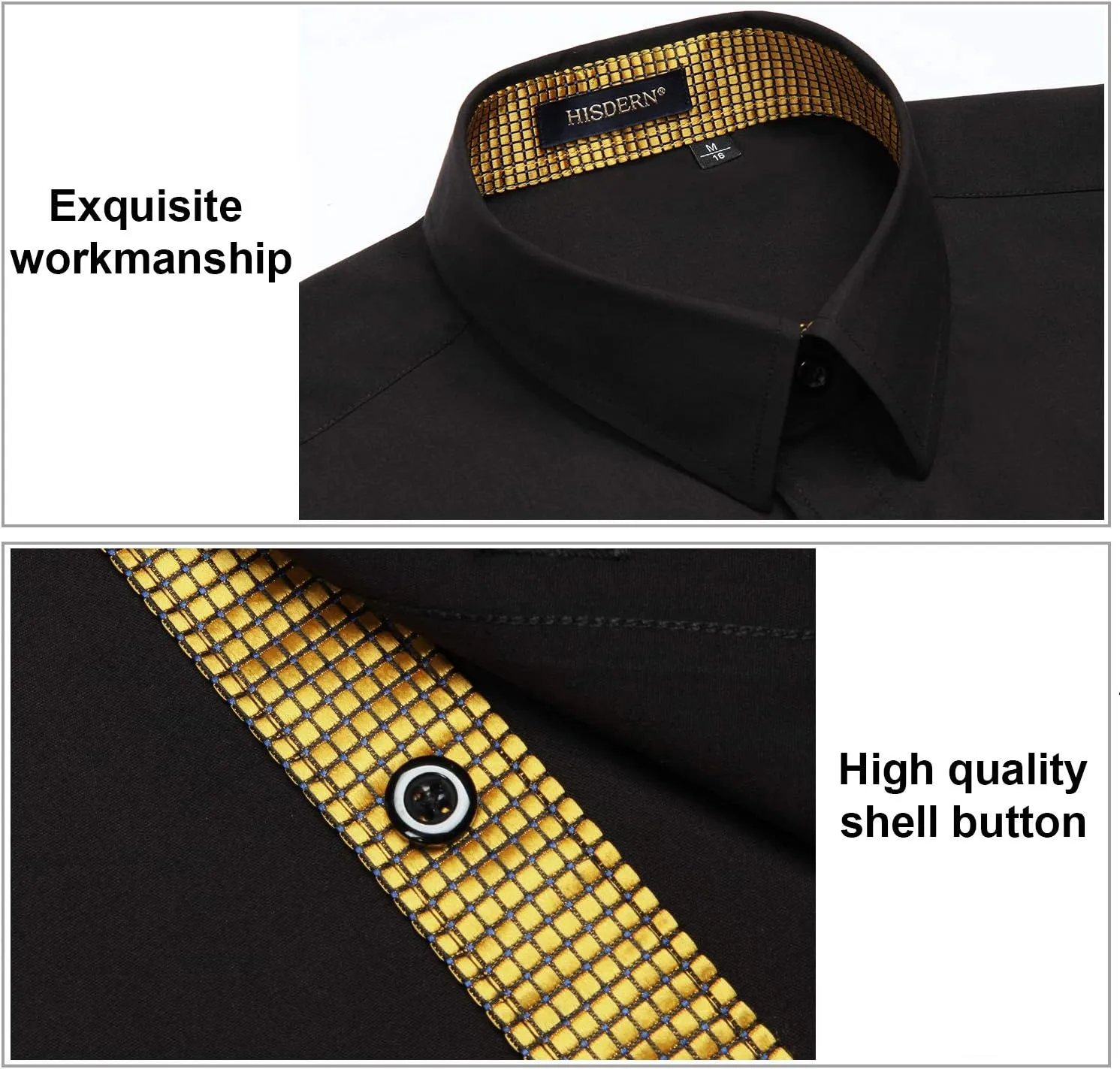 HISDERN Mens Business Dress Shirts Long Sleeve Casual Button Down Shirt Formal Inner Collar Contrast Shirt for Men Wedding