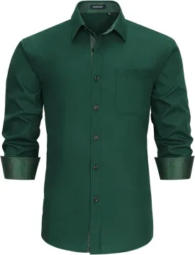 HISDERN Mens Business Dress Shirts Long Sleeve Casual Button Down Shirt Formal Inner Collar Contrast Shirt for Men Wedding
