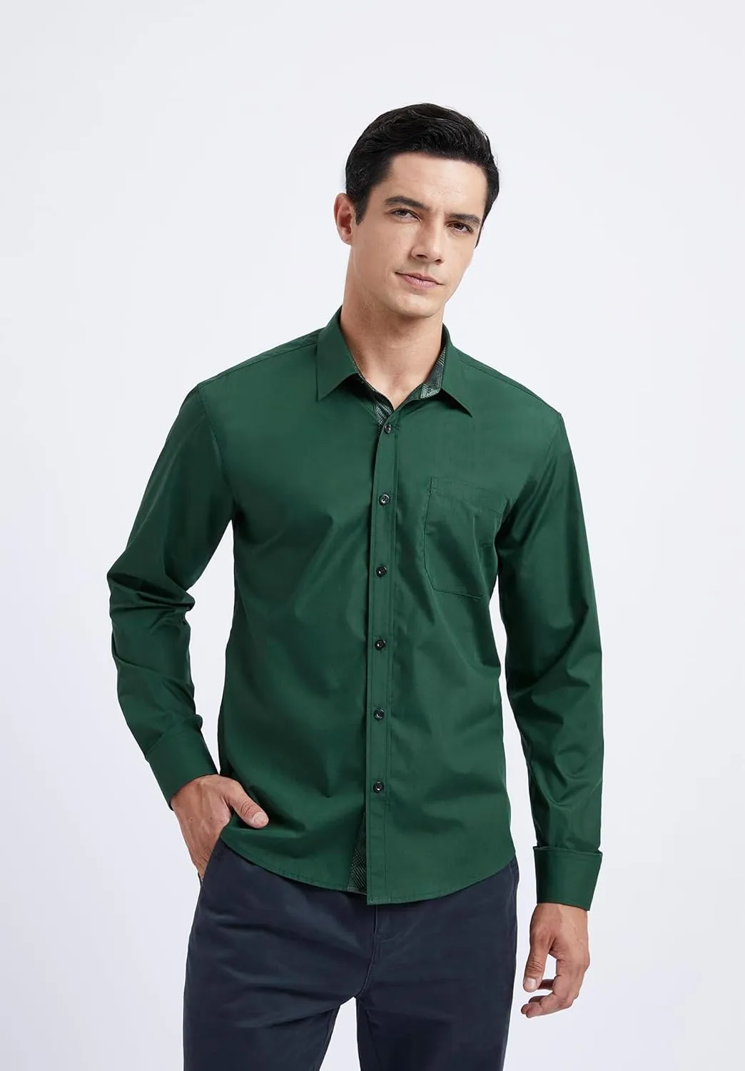 HISDERN Mens Business Dress Shirts Long Sleeve Casual Button Down Shirt Formal Inner Collar Contrast Shirt for Men Wedding