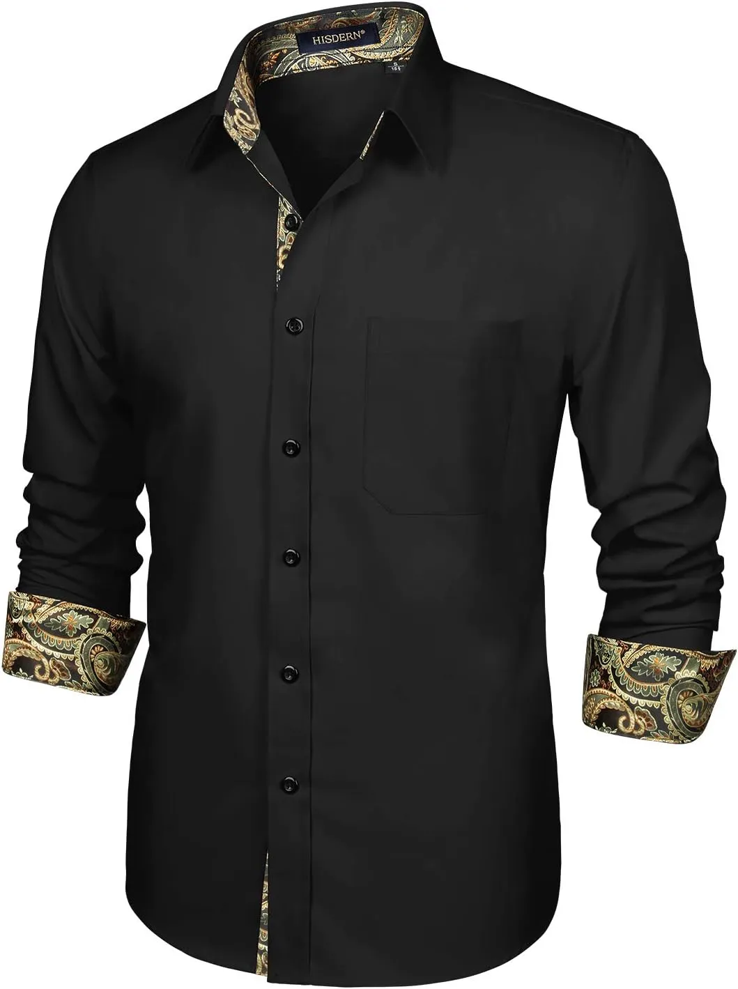 HISDERN Mens Business Dress Shirts Long Sleeve Casual Button Down Shirt Formal Inner Collar Contrast Shirt for Men Wedding