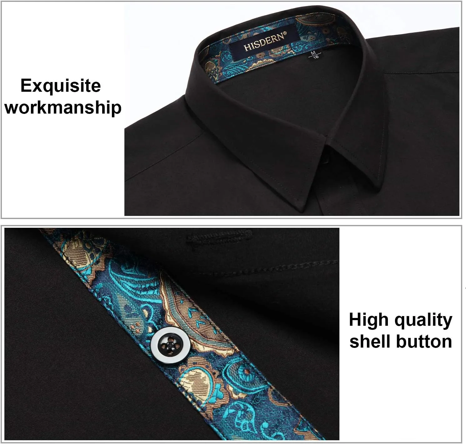 HISDERN Mens Business Dress Shirts Long Sleeve Casual Button Down Shirt Formal Inner Collar Contrast Shirt for Men Wedding
