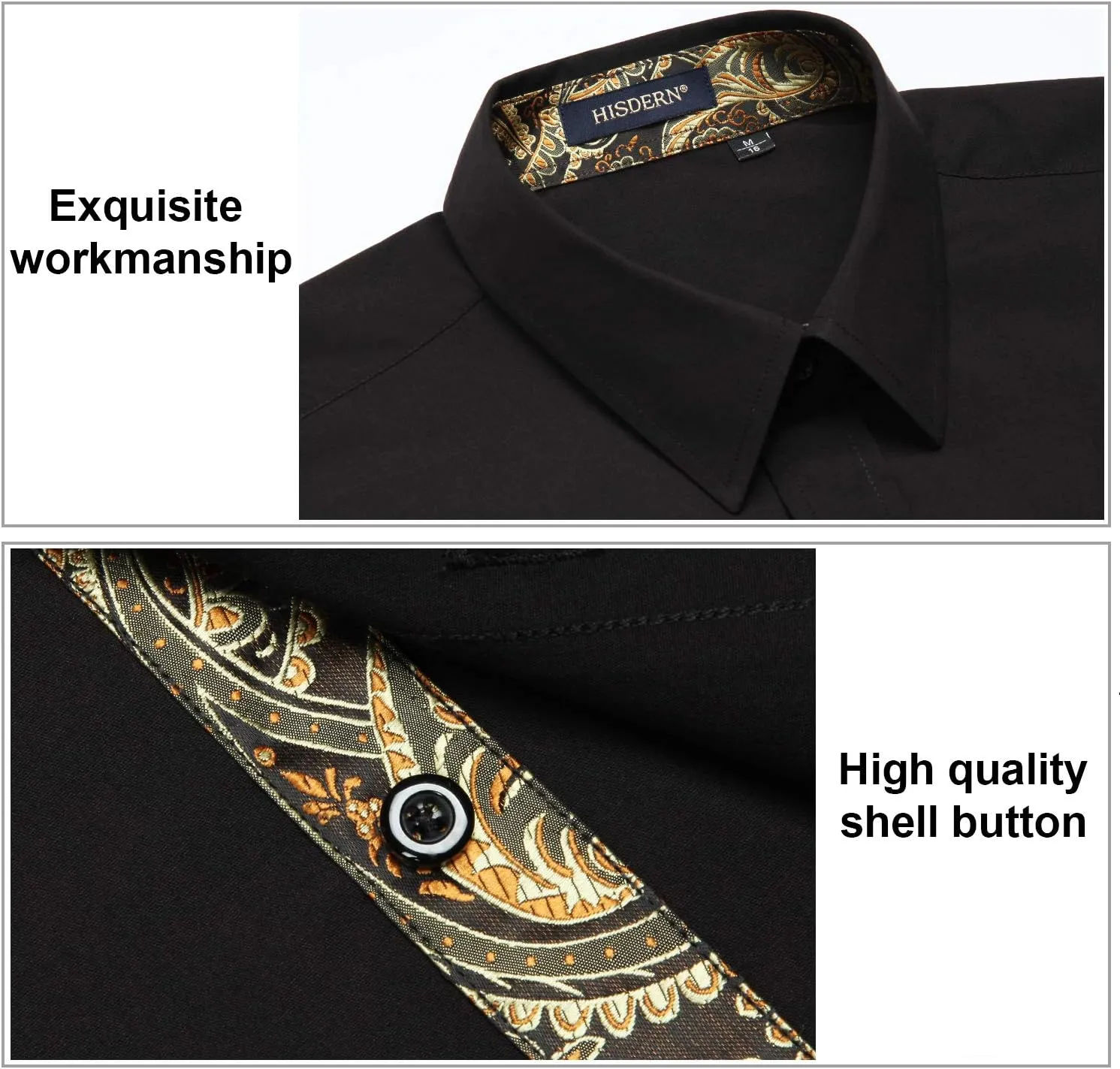 HISDERN Mens Business Dress Shirts Long Sleeve Casual Button Down Shirt Formal Inner Collar Contrast Shirt for Men Wedding