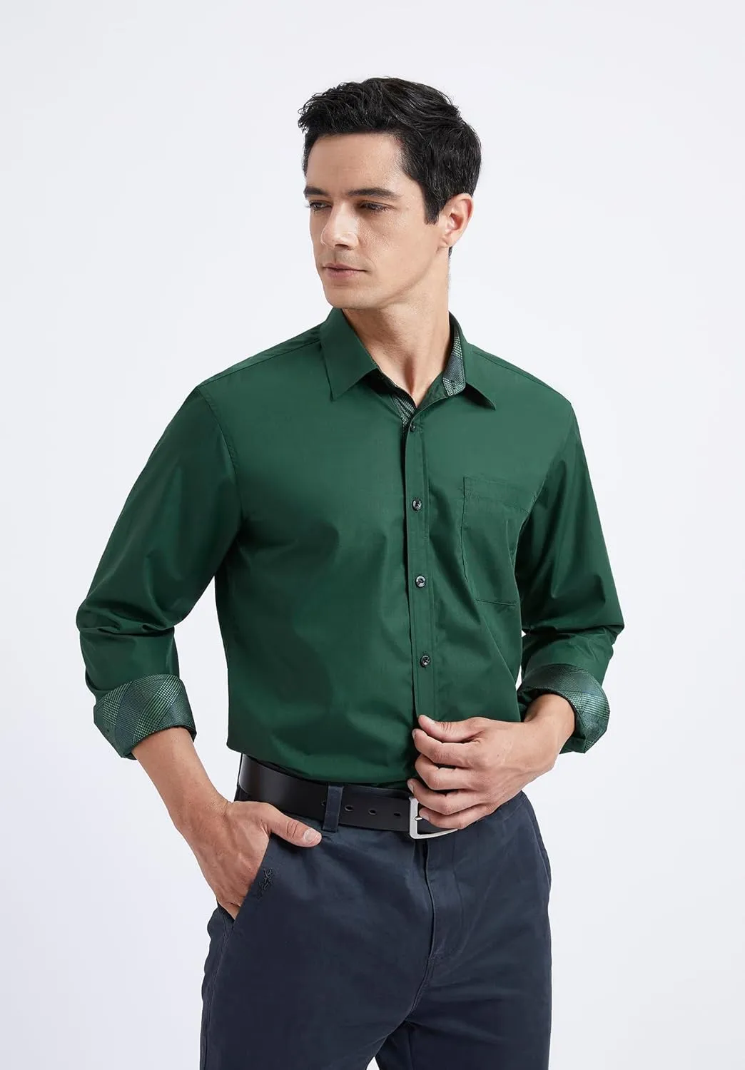 HISDERN Mens Business Dress Shirts Long Sleeve Casual Button Down Shirt Formal Inner Collar Contrast Shirt for Men Wedding
