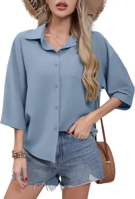 HIYIYEZI Women's Button Down Shirt Casual 3/4 Sleeve Dress Shirts Collared Work Blouse with Pocket