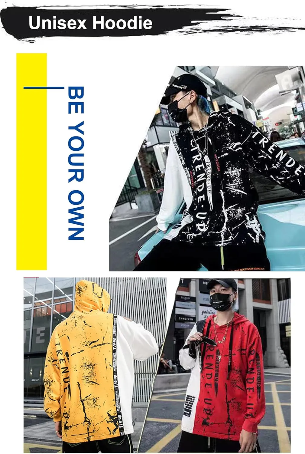 Hoodies for Men Color Block Hoodie with Design Hip Hop Colorful Hooded Pullover Novelty Sweatshirt