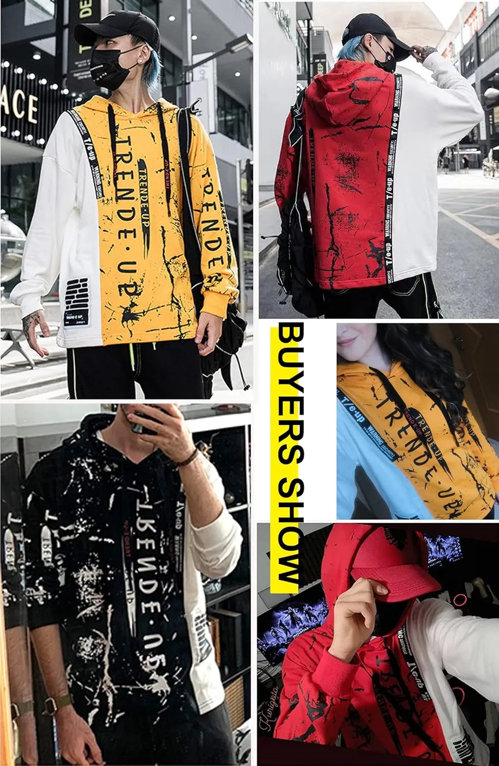 Hoodies for Men Color Block Hoodie with Design Hip Hop Colorful Hooded Pullover Novelty Sweatshirt