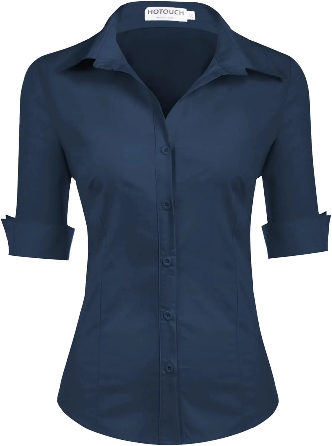 HOTOUCH Womens 3/4 Sleeve Button Down Shirt Slim Fit Work Blouses Cotton Dress Shirts Office Tops