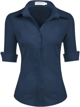 HOTOUCH Womens 3/4 Sleeve Button Down Shirt Slim Fit Work Blouses Cotton Dress Shirts Office Tops