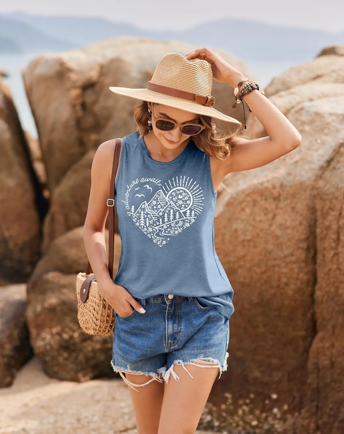 Hount Womens Casual Loose Graphic Comfy Tank Tops Summer Basic T-Shirts Sleeveless Shirts Tunic Tops